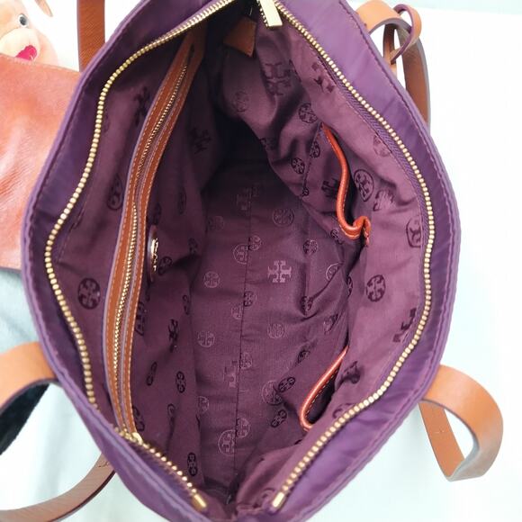 Tory Burch Purple Nylon Brown Leather Trim Double Handle Satchel Shoulder Bag - Picture 11 of 16